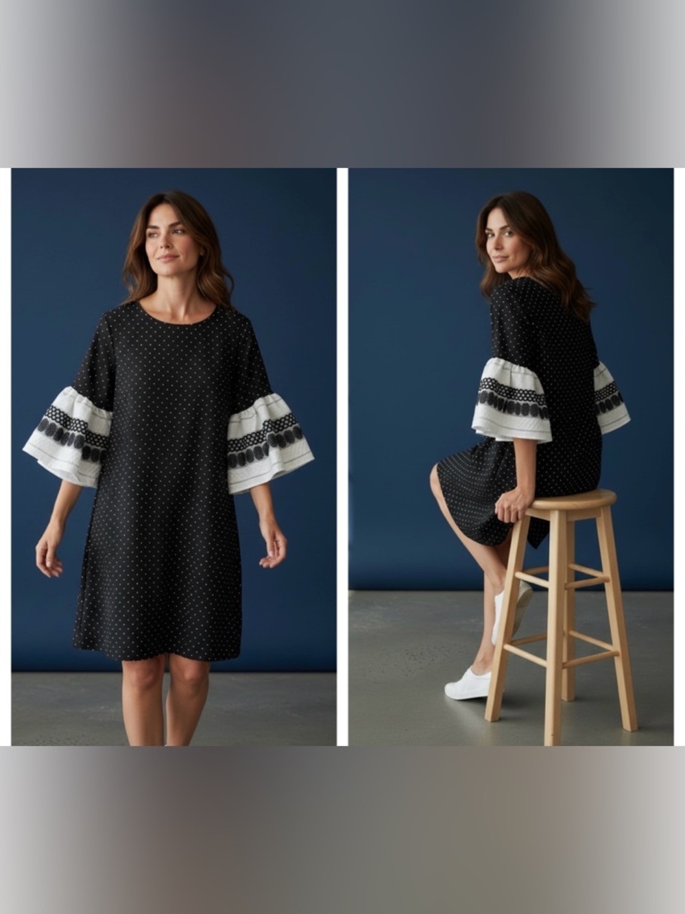 New York & Company Black Dress with White Dot Texture and bell sleeves